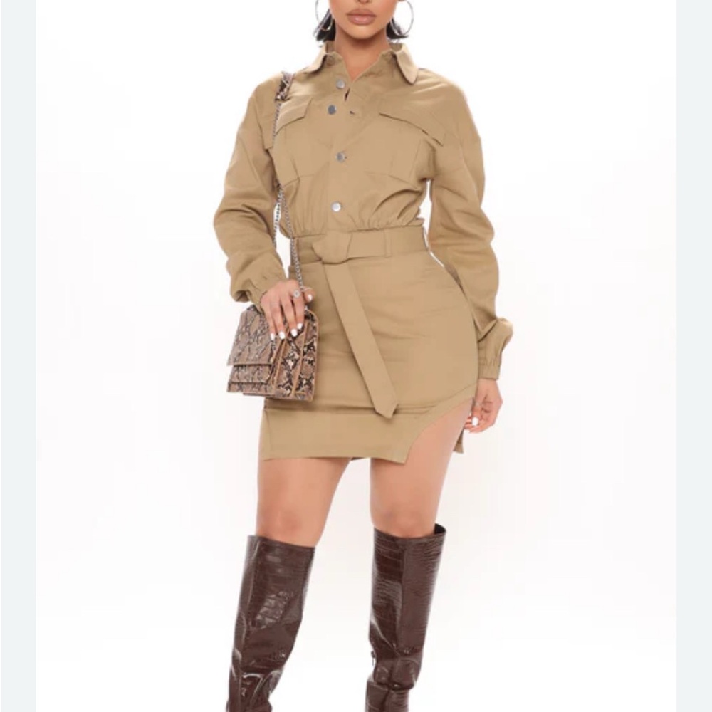 Fashion Nova Tan Utility Jacket Dress